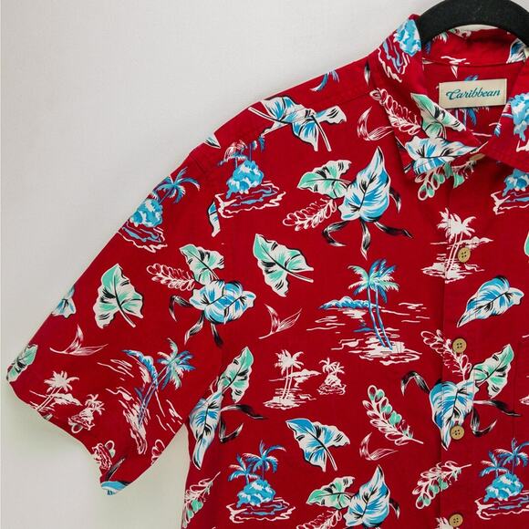 Caribbean Hawaiian Print Shirt Men's Medium Hidden Travel Pockets Red Floral - Picture 5 of 13